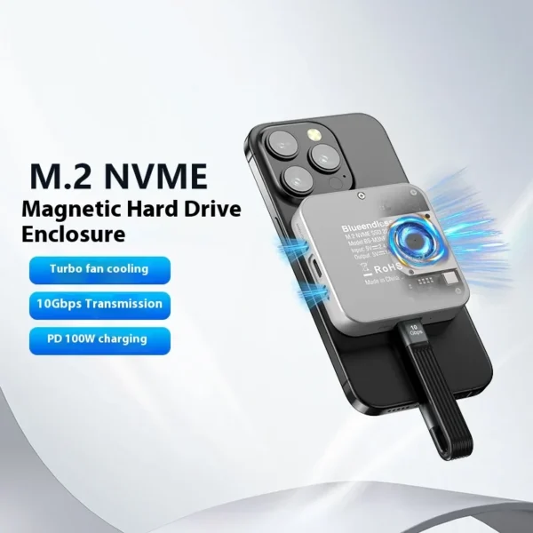 M.2 NVMe USB3.0 Phone Magnetic SSD Enclosure with Turbo Fan 10 Gbps PD 100W Support 2T for Model NVME Both 2230and2242 SSDPls