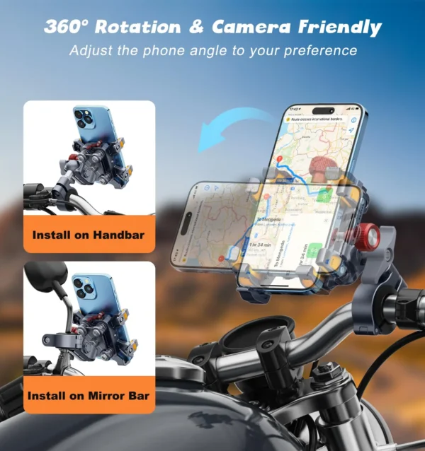Aluminum Motorcycle Phone Mount Holder with Vibration Dampener & High-Speed Secure Lock for 6"-7.2" Phone